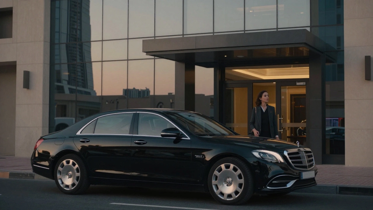 A black luxury car parked discreetly outside a Dubai high-rise at dusk, emphasizing privacy.