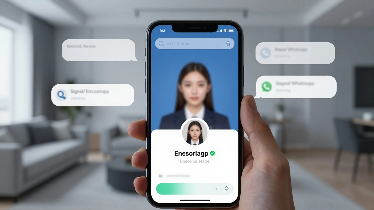 A smartphone displaying an encrypted chat with a verified escort profile, minimalist background.